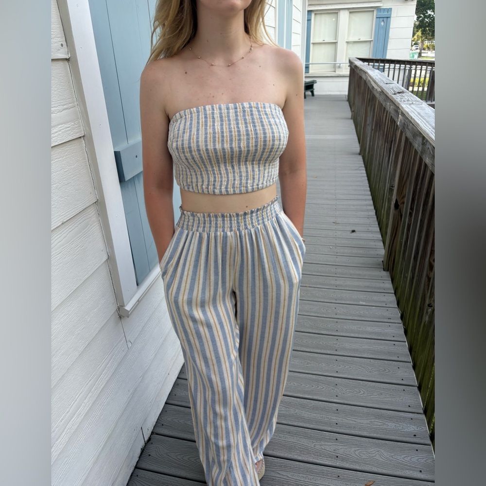 Blue & Yellow Striped Pant and Bandeau Matching Set